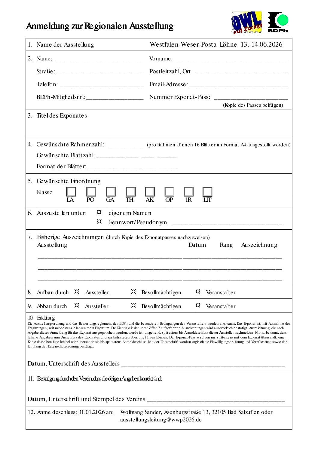 Anmeldung eines Exponates zur WWP2026